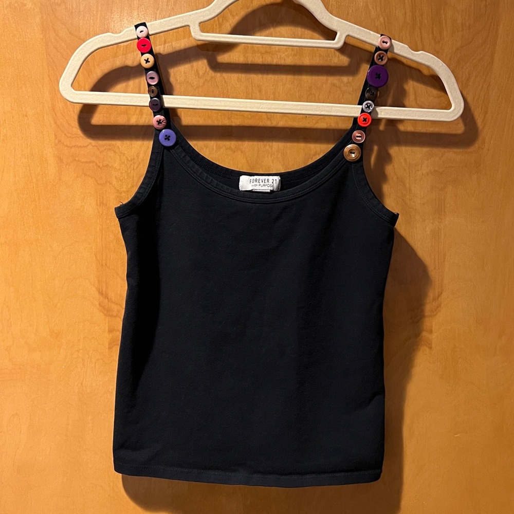 Hand sewn Upcycled colorful button scoop neck black tank top